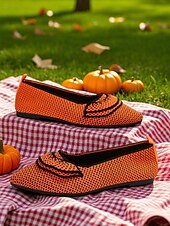 preiswerte Ballerinas für Damen-Orangefarbene Flyknit-Ballerinas für Damen – atmungsaktive Slipper mit spitzer Spitze und schwarzem Besatz für Halloween-Partys, Herbstpicknicks und den lässigen Alltag