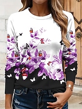 economico T-shirt floreale-Per donna Maglietta Floreale Grafico Farfalla Vintage Elegante Classico Manica Lunga Girocollo Top Regolari Quotidiano Stampato Giallo Rosso Blu Viola Verde Estate Primavera Autunno