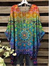 billige Kvinne Boho Topper-Dame Bluse Grafisk Geometrisk Elegant Bohem Årgang Kortermet Flaggermusermer Crew-hals Vanlige topper Daglig Ferie Strand Klær Trykt mønster Grønn Og Blå Gul Rosa Lysebrun Blå Sommer Vår