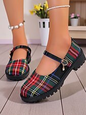 cheap Women&#039;s Flats-Women&#039;s Red Plaid Mary Jane Flats - Chunky Sole Tartan Shoes with Buckle Strap, Casual School Style for Teens and Fall Outfits