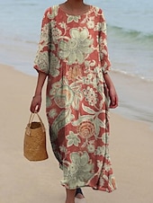 billige Boho-kjole-Dame Midikjole Uformell kjole Print kjole Årgang afrikansk Daglig Strand Helg Normal Blomstret 3/4 ermer Crew-hals Rosa Rød Fuksia Grønn Sommer Vår Høst