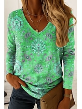 abordables T-shirt Boho-Femmes T-shirt Graphique Paisley ancien Élégant Classique manche longue Col en V Hauts Réguliers Quotidien Imprimé Rose Claire Rouge Bleu Violet Vert Printemps Automne