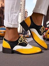 abordables Années 1950-Richelieus Oxford en cuir verni jaune pour femme – Chaussures habillées à lacets et bout golf colorblock, style vintage britannique des années 1950 pour le bureau, l&#039;école et le streetwear