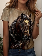 abordables T-shirt Animaux-Femmes T-shirt Graphique Animal Cheval ancien Mode Élégant Manche Courte Col ras du cou Col rond Hauts Réguliers Quotidien Week-end Imprimé Marron clair Bleu Bleu Poudré Été Printemps