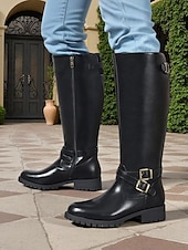 abordables Botas para montar-Botas de montar hasta la rodilla para mujer en color café con detalle de hebilla: botas clásicas de piel sintética de pantorrilla ancha para otoño, viajes y uso diario.
