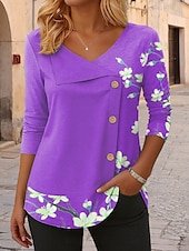 abordables T-shirt floral-Femmes Chemisier Fleuri Graphique ancien Tropical Élégant manche longue Col en V Hauts Réguliers Quotidien Patchwork Boutons Imprimé Rose Claire Bleu Violet Vert Printemps Automne Hiver