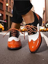 abordables Années 1950-Richelieus Oxford en cuir verni jaune pour femme – Chaussures habillées à lacets et bout golf colorblock, style vintage britannique des années 1950 pour le bureau, l&#039;école et le streetwear