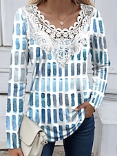 levne tričko umění a designu-Dámská blůza tunika krajková šití V výstřih dlouhý rukáv T ombre grafický geometrický elegantní crew neck běžné topy denní krajkový očko černá modrá jaro podzim