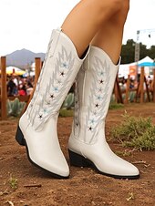 cheap Cowboy &amp; Western Boots-Women&#039;s Brown Western Cowboy Boots with Star Embroidery - Comfortable Block Heel Ankle Boots for Country Music Festivals, Outdoor Events, and Everyday Wear