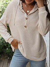 billige Teksturert hettegensere og sweatshirt-Dame Genser Fritid Helfarge Riflet Med hette Knapper Strikket Langermet Vanlige topper Strikke Daglig Ut på byen Helg Svart Hvit Høst