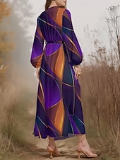 preiswerte Kunst &amp; Design Kleid-Damen Midikleid Freizeitkleid Chiffon Schwingkleid Modern Urlaub Täglich Wochenende Normale Passform Geometrisch Langarm V Ausschnitt Blau Dunkelgrün Purpur Grün Sommer Frühling Herbst