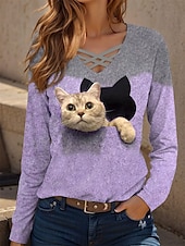 お買い得  動物のTシャツ-女性用 Tシャツ グラフィック 動物 猫 ヴィンテージ スタイリッシュ クラシック 長袖 Ｖネック レギュラートップス 日常 切り抜き プリント ブルー パープル グリーン カーキ色 春 秋