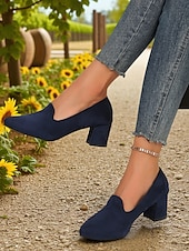 cheap Block Heels-Women&#039;s Blue Block Heel Shoes– Elegant Faux Suede Pumps for Semi-Formal Gatherings, Cottage Garden Parties and Church Sundays