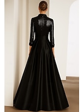 economico Vestiti da sera-Abito da sera A-Line con cravatta nera Abito elegante formale da matrimonio lunghezza fino al pavimento maniche lunghe colletto camicia mantelle in satin con pieghe glitter