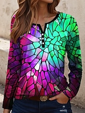 billige Kunst &amp; Design t-skjorte-Dame T skjorte Geometrisk Årgang Stilfull Fritid Langermet Crew-hals Vanlige topper Daglig Trykt mønster Gul Blå Oransje Grønn Vår Høst