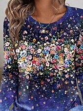 abordables T-shirt floral-Pâques Femmes T-shirt Fleuri Graphique Plantes ancien Élégant Classique manche longue Col ras du cou Col rond Hauts Réguliers Quotidien Imprimé bleu marine Été Printemps Automne