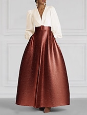 economico Vestiti da sera-Abito da Sera A-Line Nera e Oro con Cravatta Nera Gonna Jacquard Brillante con Cintura Formale Matrimonio Lunghezza a Terra Manica Lunga Collo a V Seta con Tasca e Fessura