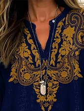 tanie Damskie topy boho-Damskie Koszula Kwiaty Zabytkowe Codzienny Długi rękaw W serek Zwykłe topy Codzienny Święto Guziki Nadruk Granatowy Wiosna Jesień