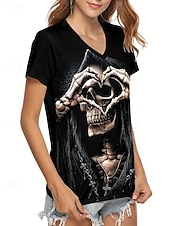 Χαμηλού Κόστους Τέχνη &amp; Σχεδίαση μπλουζάκι-T-Shirt Γυναικείου Ρούχου Με Κρανία Λουλούδια Ριγέ Μοντέρνο Καθημερινό Αστείο Κοντό Μανίκι V Λαιμόκοψη Κανονικά Τοπ Ημέρας Γλυκά Ρούχα για Ραντεβού Εκτύπωση Μαύρο Καλοκαίρι Άνοιξη Φθινόπωρο