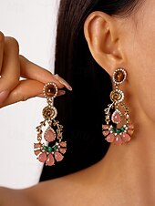 economico Collana da donna-Set di gioielli vintage da donna con cristalli floreali: elegante collana in oro e orecchini pendenti con pietre preziose rosa e verdi, accessori romantici per balli serali e cocktail party