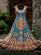 abordables Robes Boho-Robe longue vintage viking celtique à motif dégradé pour femme, robe d&#039;été, robe trapèze, robe nuisette, robe plissée, vacances, décontractée, bohème, plage, coupe classique, graphique, sans manches,