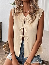cheap Sweater Vest-Women&#039;s Sweater Vest Fashion Solid Color Ribbed V Neck Knitted Sleeveless Regular Tops Knit Holiday Going out Weekend Apricot Fall