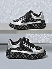 baratos Festa da Vida Noturna-Tênis femininos acolchoados com strass - sapatos de festa com cadarço preto e prata para vida noturna, baladas e streetwear moderno