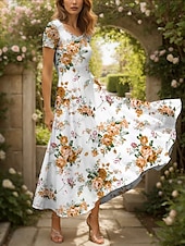 preiswerte Blumenkleider-Damen Maxikleid Strickkleid Freizeitkleid A Linie Kleid Sommerkleid Elegant Urlaub Lässig Normale Passform Blumen Grafik Kurzarm Quadrathals Rundausschnitt Schwarz Gelb Rote Blau Sommer Frühling