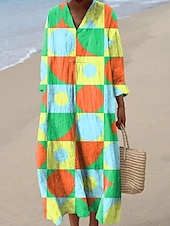 preiswerte Streifen- und geometrische Kleider-Damen Midikleid Sommerkleid A Linie Kleid Urlaub Lässig Boho Party Strand Lässiger Schnitt Grafik Geometrisch Abstrakt Langarm V Ausschnitt Rosa Rote Blau Orange Sommer Frühling Herbst