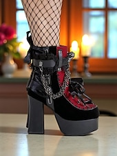 baratos Para mulheres-Botas femininas góticas plataforma – saltos de veludo com cadarço, correntes e fivelas para festas de Halloween, cosplay e punk