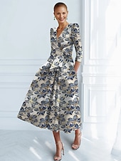 voordelige Cocktailjurken-Jacquard Brokaat Bloemen A-Lijn Cocktail Jurken Elegante Jurk Formeel Huwelijk Enkel Lengte Korte Mouwen V Hals Nylon met Strik(ken) Zak Huwelijks Gast Jurk