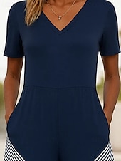 abordables combinaison de vacances-Femmes Normal Combinaison Streetwear Rayé Manche Courte Jambe large Col en V Avec Poches Imprimé Rue Quotidien Coupe régulière bleu marine Été