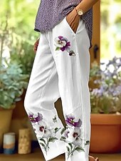 preiswerte Gerade geschnittene Hose-Damen Chinos Urlaub Vintage Lässig Knöchellang Hohe Taille Blumen Grafik Tasche Weich Außenbereich Atmungsaktiv Unelastisch Outdoor Urlaub Straße Weiss - Grün Lila Sommer Frühling Herbst Normale