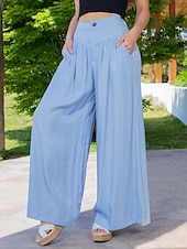 abordables jambe large et taille haute-Femmes Jambe large Slacks Occasionnel Longueur complète Naturel Uni Poches Latérales Confortable Respirabilité Décontracté Quotidien Bleu Bleu clair Printemps Automne Coupe Ample