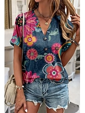 cheap Floral tee-Women&#039;s T Shirt Ombre Floral Graphic Elegant Vintage Fashion Short Sleeve V Neck Notched Neck Regular Tops Daily Going out Weekend Print Blue Sky Blue Dark Green Light Blue Summer Spring