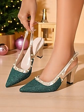 baratos sapatos slingback-Sapatos de salto alto femininos com glitter verde, tira dourada e detalhes em pérolas - sapatos de festa estilosos para a vida noturna e baladas