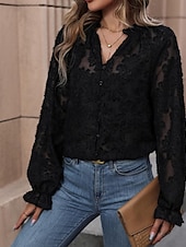 economico Top in Pizzo-Per donna Camicia Semplice Elegante Moderno Manica Lunga Scollo a V Top Regolari Quotidiano Ferie Rete Nero Primavera Autunno