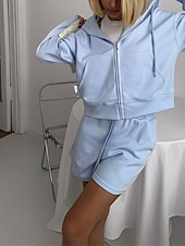 baratos Agasalhos Femininos-Mulheres Moda Roupa de rua Moletom Conjuntos de shorts Manga Longa Com Capuz Tecido Zíper Roupa Diária Encontro Branco Rosa Azul Verão Normal