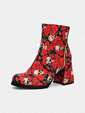 preiswerte Für Frauen-Damen-Stiefeletten mit Totenkopf- und Rosen-Print für Halloween – Stiefeletten mit klobigem Blockabsatz und seitlichem Reißverschluss im Gothic-Stil für Cosplay, Partys und Herbstfestivals