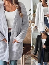 billige Cardigans og yttertøy-Dame Genser Kofte Mote Gatemote Daglig Helfarge Riflet Åpen Forside Lomme Strikket Langermet Lange topper Strikke Ferie Ut på byen Helg Svart Hvit Høst Vinter