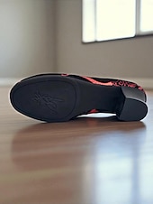 baratos Sapatos de Dança Latina-Sapatos de dança femininos com cadarço e flores pretas e vermelhas - salto grosso, sapatos profissionais para prática de salão de baile para dançarinas e treinamento latino