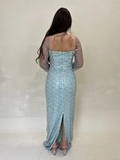 billige champagne-Paljett A-linje aftenkjole elegant kjole formell bryllupsgjest gulvlang langermet hals champagnefarget kjole til brudens mor sateng med glitterspalte 2025