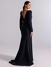 preiswerte SCHWARZ-Schwarzes und goldenes A-Linien-Abendkleid, elegantes Kleid, formelles Smokingkleid, Hochzeitskleid, Schleppe, Langarm, V-Ausschnitt, Stretch-Krepp mit Paillettenstickerei 2025