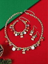 baratos Colar Feminino-Conjunto de joias com pingentes de Natal para mulheres - colar de corrente de ouro, pulseira e brincos com sino festivo e pingentes de pérola, acessórios elegantes para festas de fim de ano para