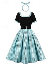 levne Šaty-Retro 50. léta Rockabilly Polední Houpací šaty Flare šaty S páskem S kapsami Puntíky Dámské Plesová maškaráda Dovolená Ležérní Retro tematická párty Dospělé Šaty Čelenka Jaro léto