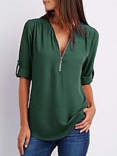 abordables Hauts Unis pour Femmes-Femmes Chemisier Uni Quotidien Demi Manches Col en V Hauts Réguliers Quotidien Fermeture éclair Noir Rose Claire Marron Vert Été Printemps Automne