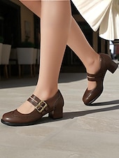 abordables Années 1950-Escarpins Mary Jane en similicuir marron pour femme – Chaussures vintage des années 1950 à talon bas et double bride à boucle, idéales au quotidien ou pour le bureau