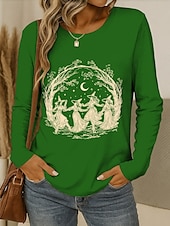 abordables Hauts d&amp;#39;Halloween-Halloween Femmes T-shirt Graphique Sorcière ancien Élégant Classique manche longue Col ras du cou Col rond Hauts Réguliers Quotidien Week-end Imprimé Noir Vin Bleu Violet Vert Printemps Automne
