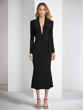 voordelige Thee Lengte-Blazer jurk zeemeermin  trompet cocktailjurken elegante jurk tuxedo jurk formele bruiloft enkel lengte lange mouw overhemd kraag zak stretch crêpe met franjes jurken