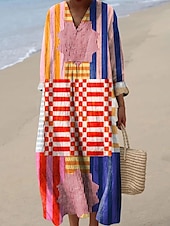 preiswerte Streifen- und geometrische Kleider-Damen Midikleid Sommerkleid A Linie Kleid Urlaub Lässig Boho Party Strand Lässiger Schnitt Grafik Geometrisch Abstrakt Langarm V Ausschnitt Rosa Rote Blau Orange Sommer Frühling Herbst
